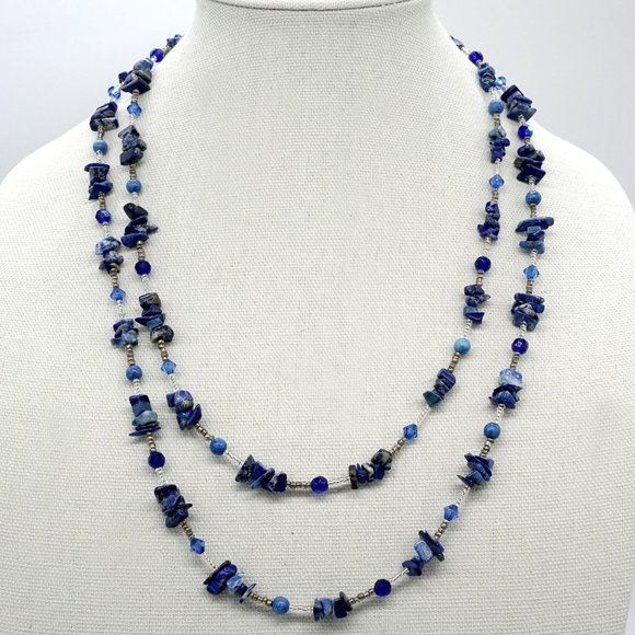 Necklace set with Lapis Lazuli chips and Lapis beads. Xtra long. - Picture 3 of 8